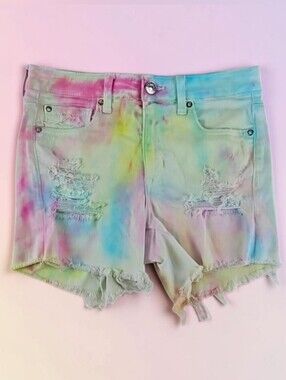 American Eagle Jean Shorts Pastel Tie Dye Denim, Distressed Pockets & Hemline